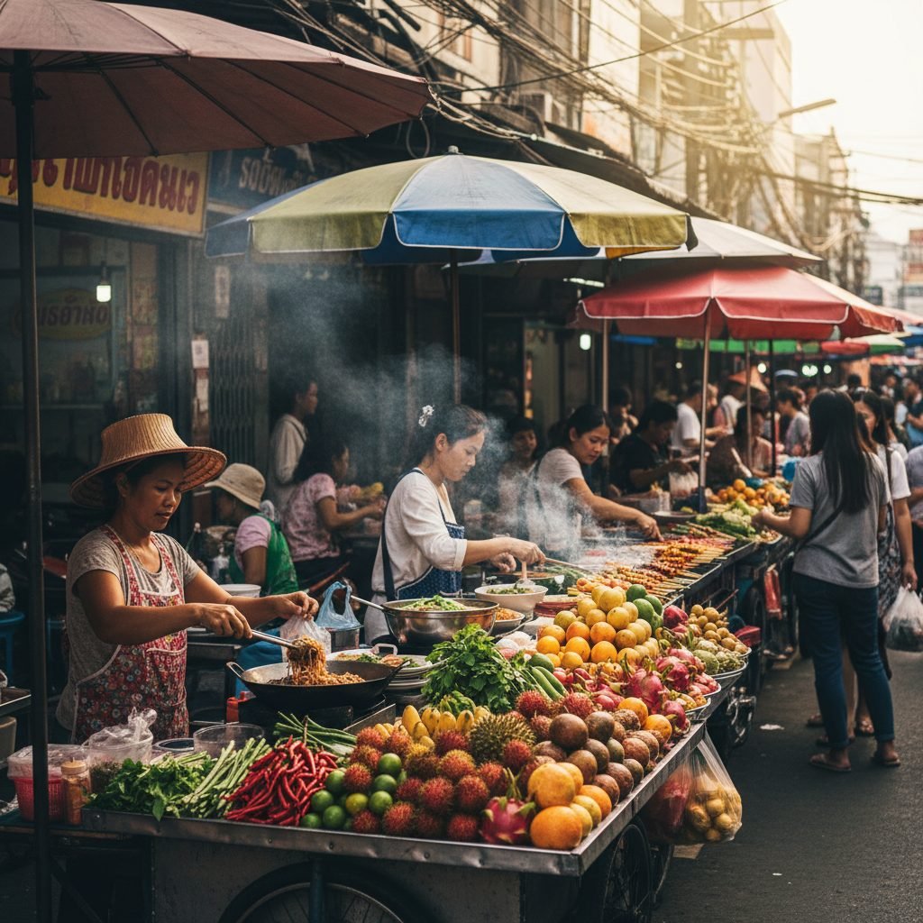 Bangkok street food vendors with colorful Thai dishes and authentic atmosphere