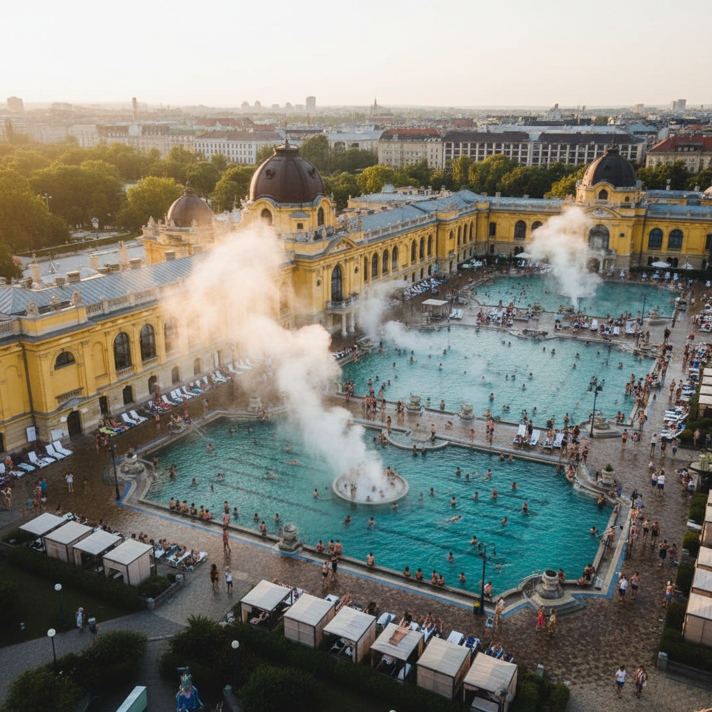 Aerial view of Budapest's famous Széchenyi thermal bath with its beautiful architecture