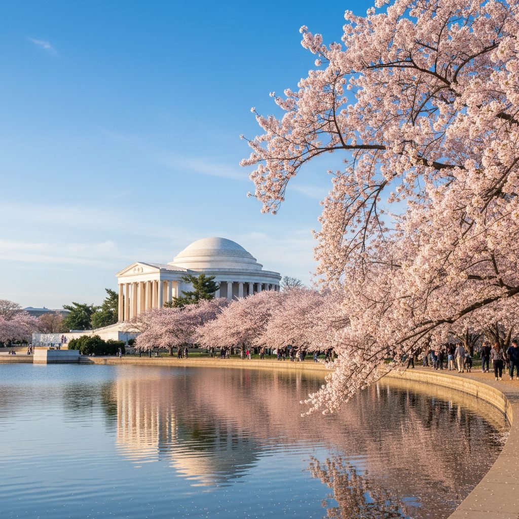 Cherry blossoms at Washington DC National Mall with Jefferson Memorial during spring travel season