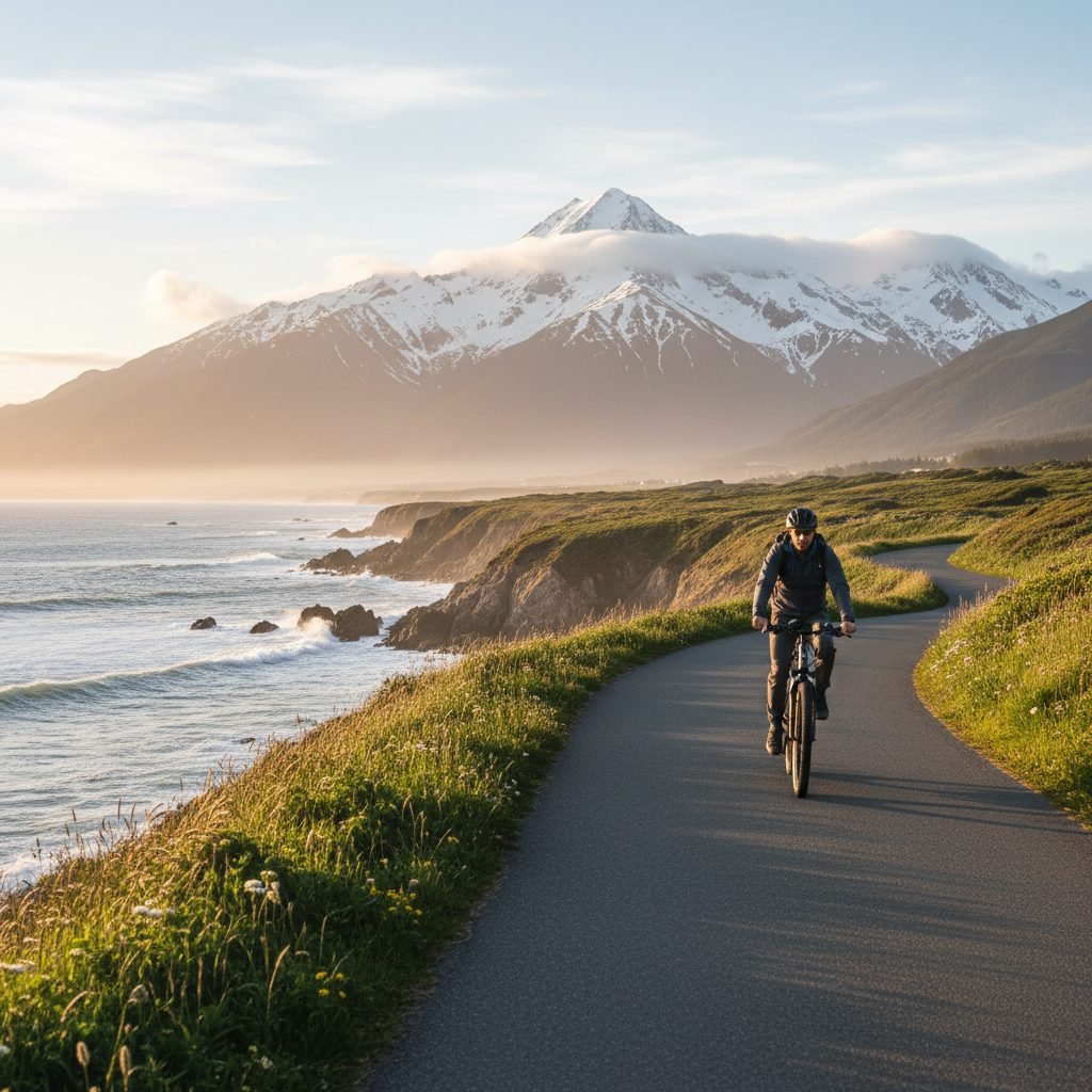Person riding electric bicycle on coastal path with mountain backdrop