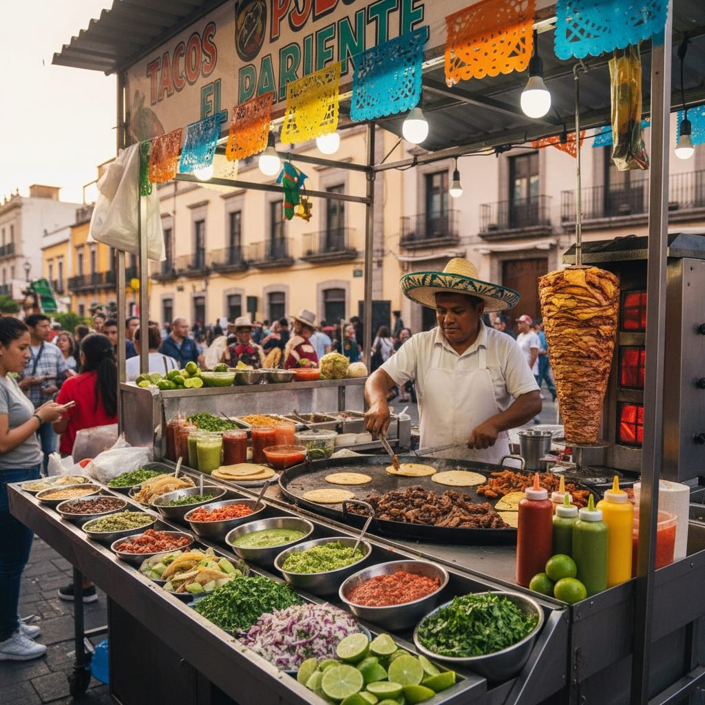 Mexico City taco stand with chef preparing fresh authentic Mexican street food