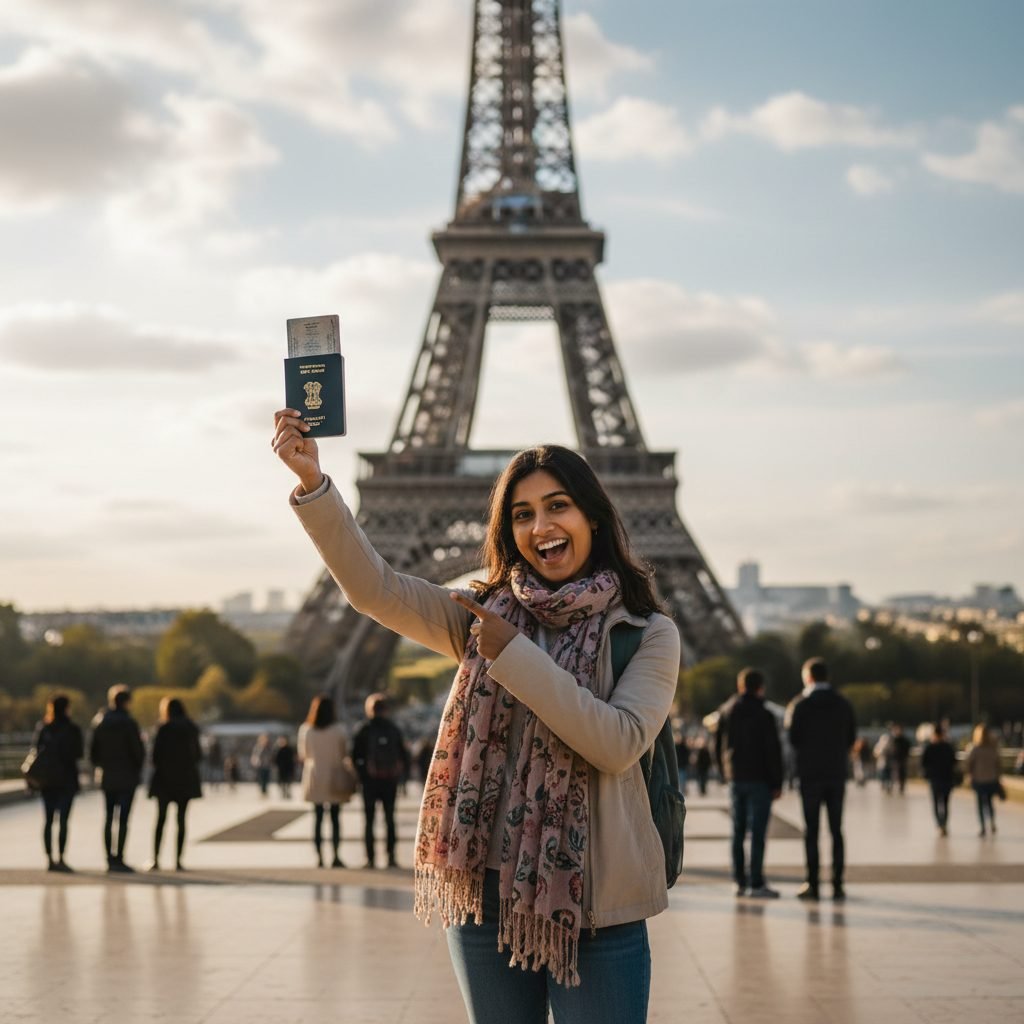 Indian tourist at European landmark