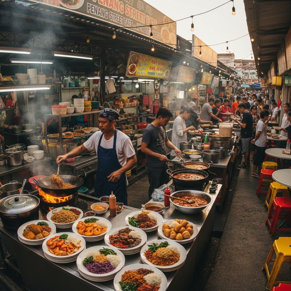 Penang Malaysia hawker food center with colorful Malaysian dishes and local chefs preparing authentic street food