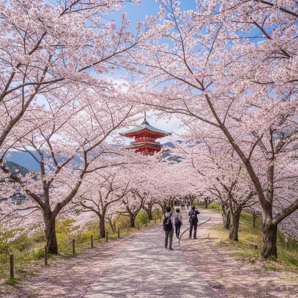 Beautiful cherry blossom trees in full bloom during spring season travel destination