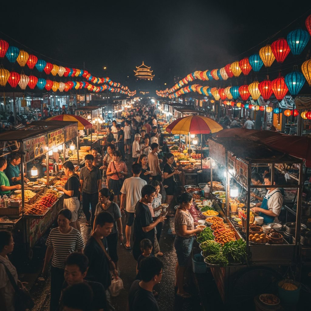 Vibrant street food market at night with colorful food stalls and hanging lanterns