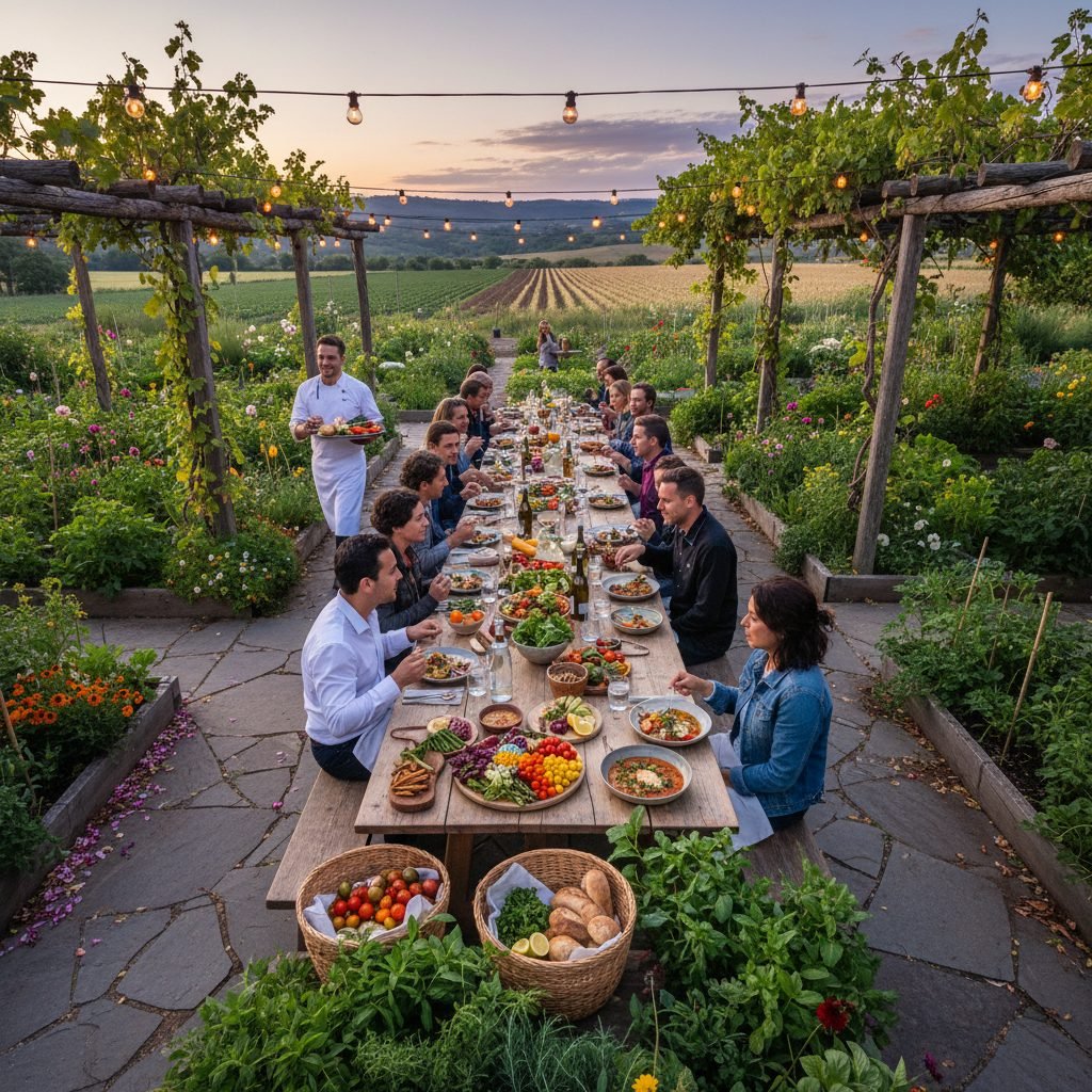 Farm-to-table outdoor restaurant with locally sourced meals and garden setting