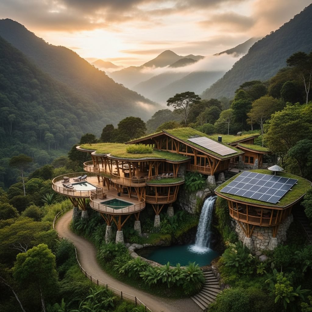 Eco-friendly lodge with solar panels in lush mountain landscape