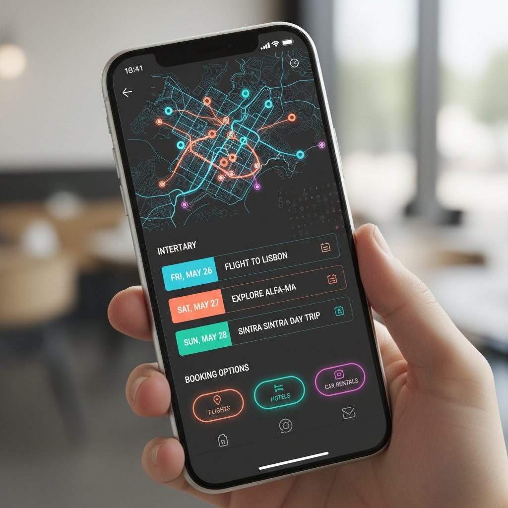 Modern travel planning app interface on a smartphone screen showing itinerary and map.