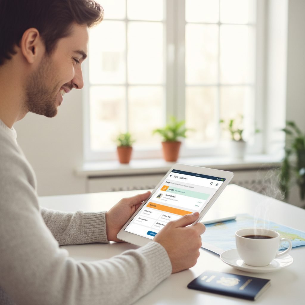 User happily planning a trip on a tablet with a travel app, organized itinerary.