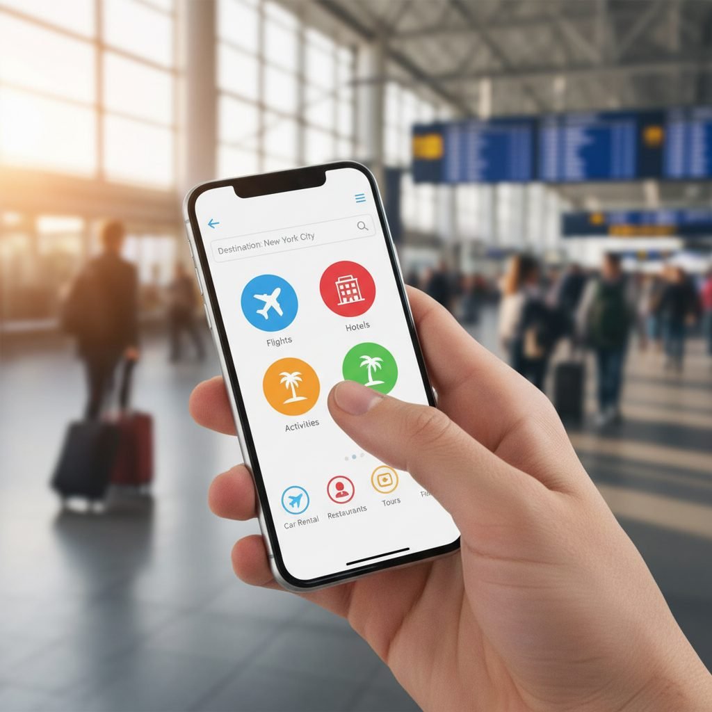 Hand interacting with a travel app on a smartphone, showing flight, hotel, and activity icons.