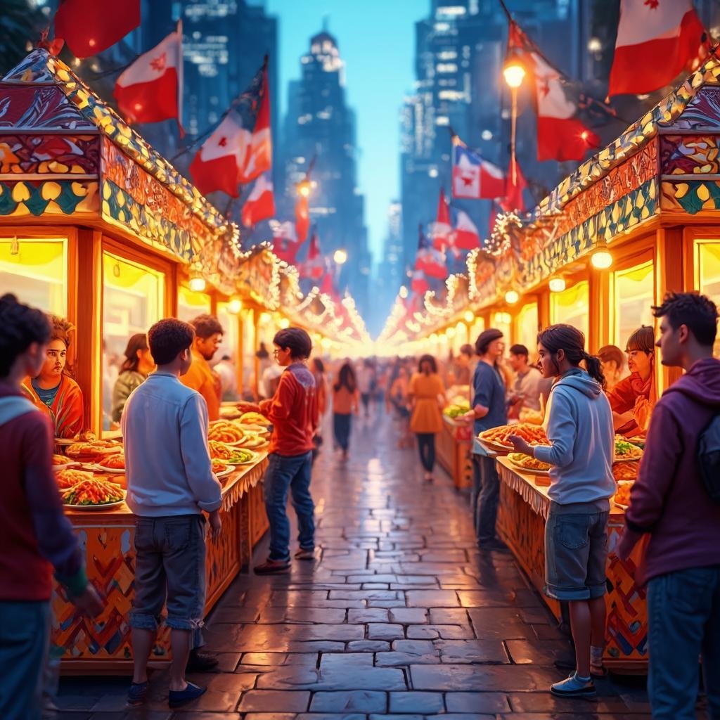 Vibrant global food festival scene, diverse stalls, people enjoying street food, festive atmosphere, 2026