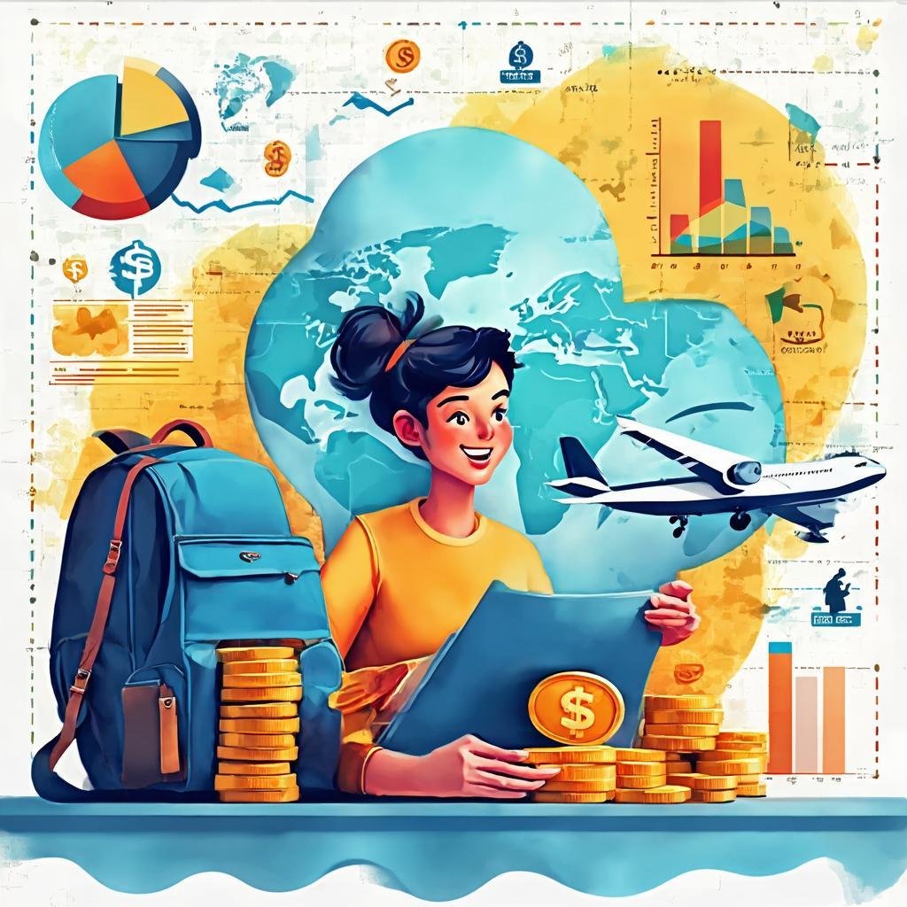Conceptual image of budget travel planning with coins and travel icons