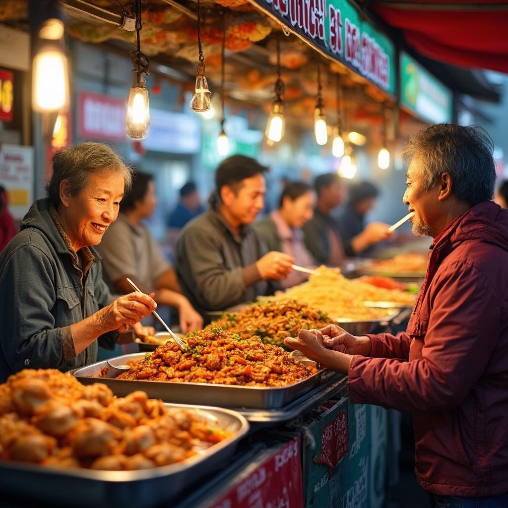 A vibrant and bustling street food market scene with diverse food stalls and people enjoying various dishes.