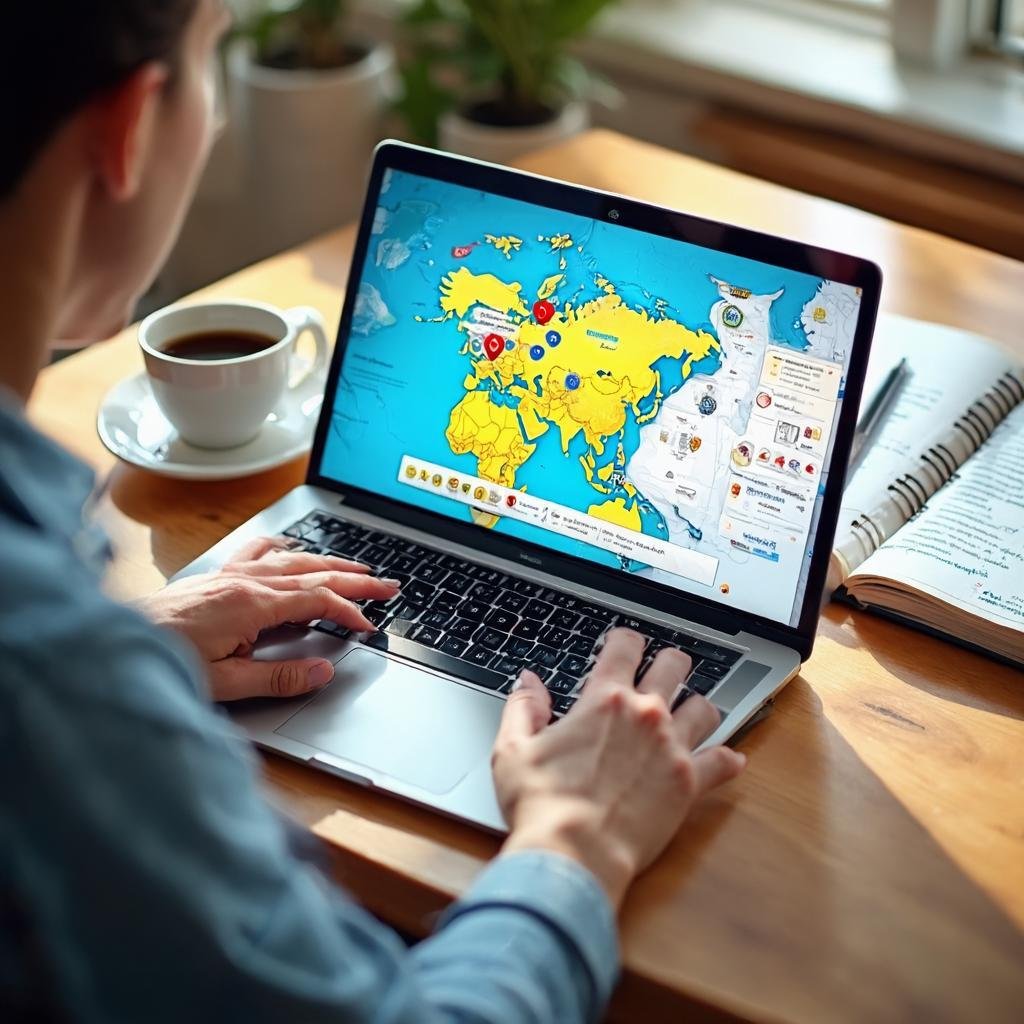 Traveler planning trip itinerary on laptop with colorful digital map