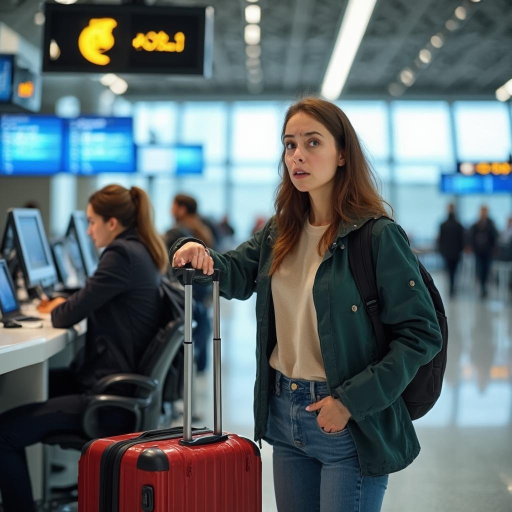 Frustrated traveler at airport check-in counter
