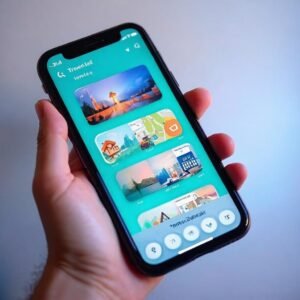 Traveler using smartphone with travel apps for trip planning
