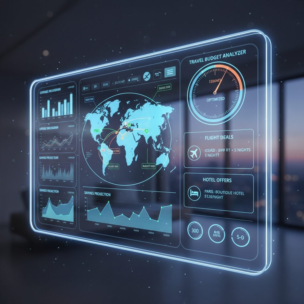 Futuristic AI interface showing a global map with optimized travel routes, smart budget graphs, and destination markers for Cairo and Paris, representing AI trip optimization.