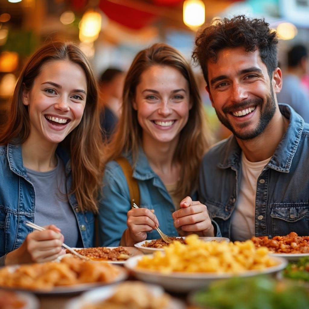 Young travelers enjoying street food in a vibrant market