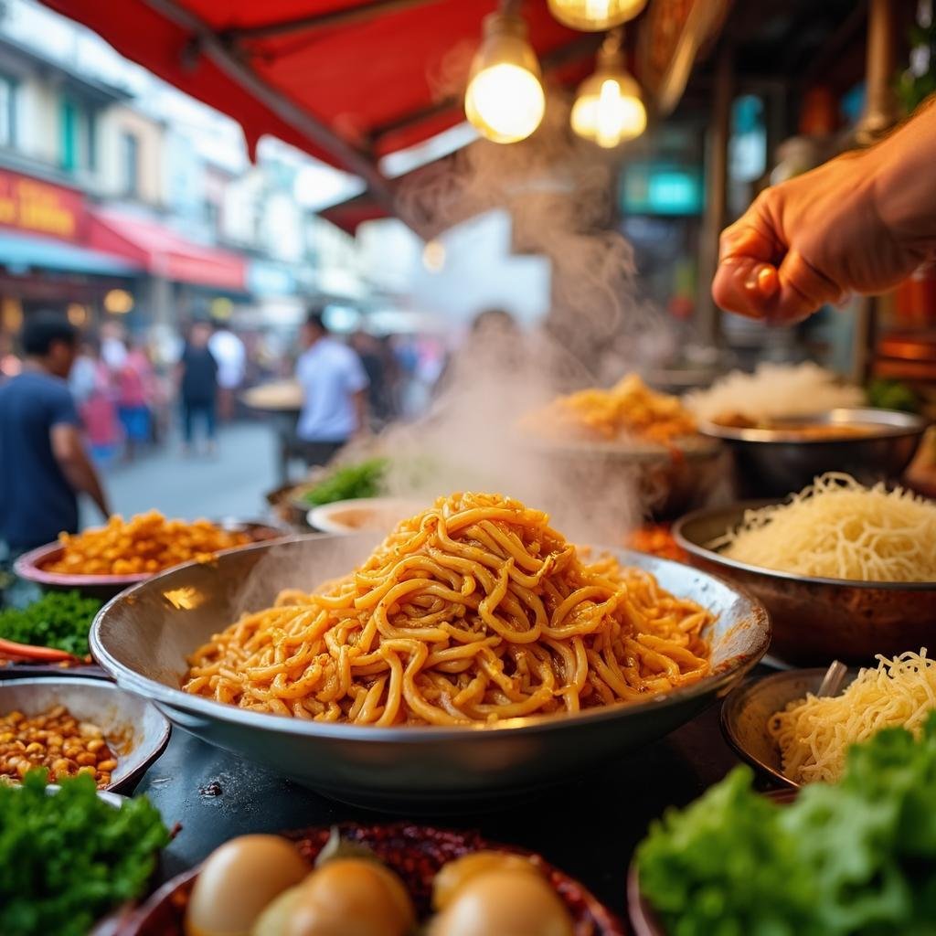 Close-up of delicious Thai Pad Thai being prepared at a street food stall.