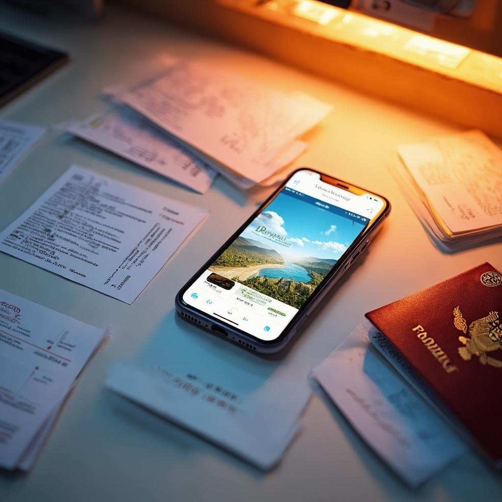 Organized travel planning desk with smartphone showing travel app