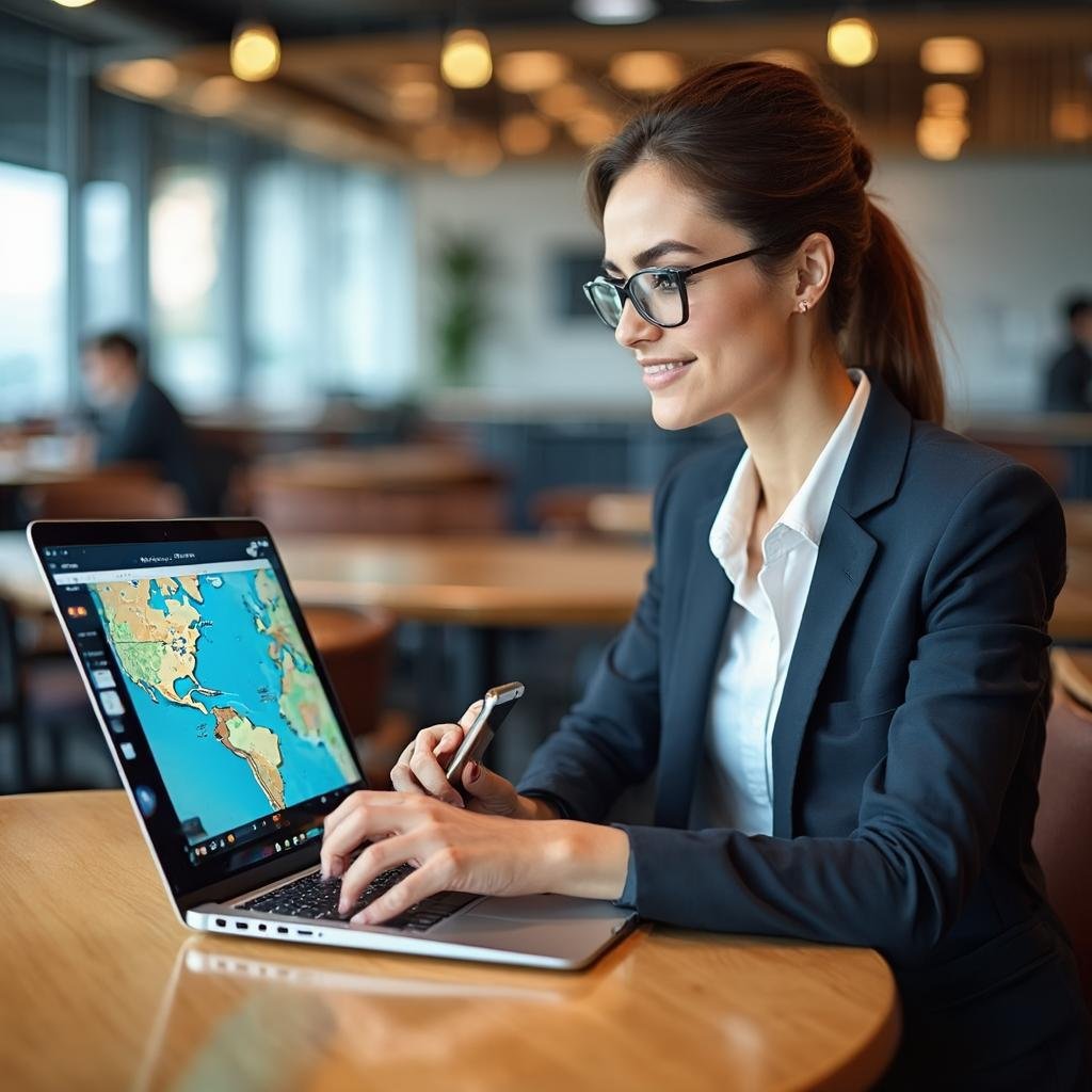 Digital nomad working on laptop and smartphone at airport cafe