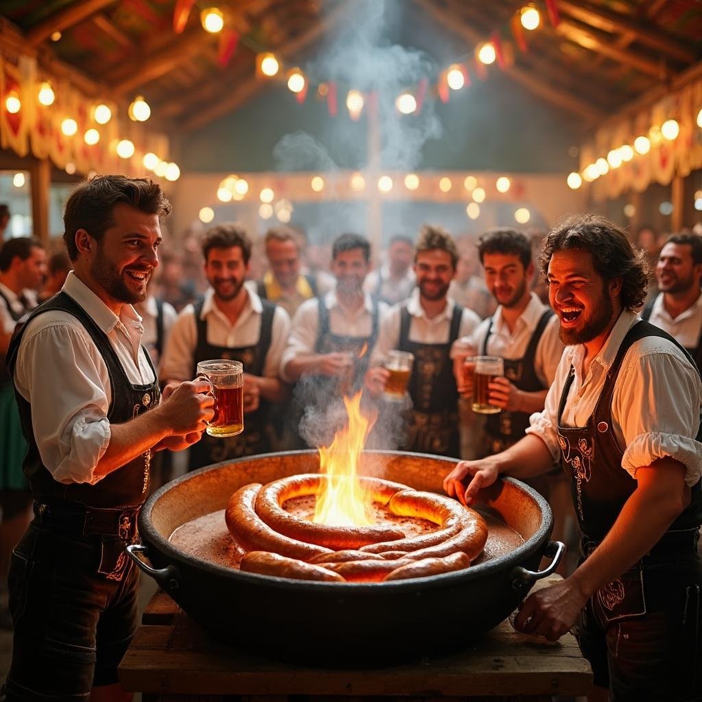 Oktoberfest beer tents and traditional Bavarian food, lively crowd, festive atmosphere, Munich Germany