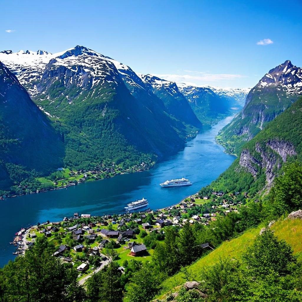 Stunning Norwegian fjords with green mountains and small sustainable villages, reflecting eco-friendly travel.