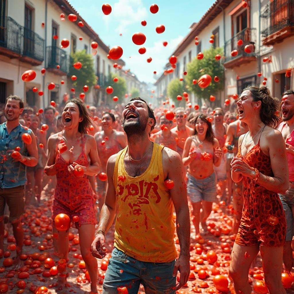 La Tomatina festival, people throwing tomatoes, vibrant street scene, Spain