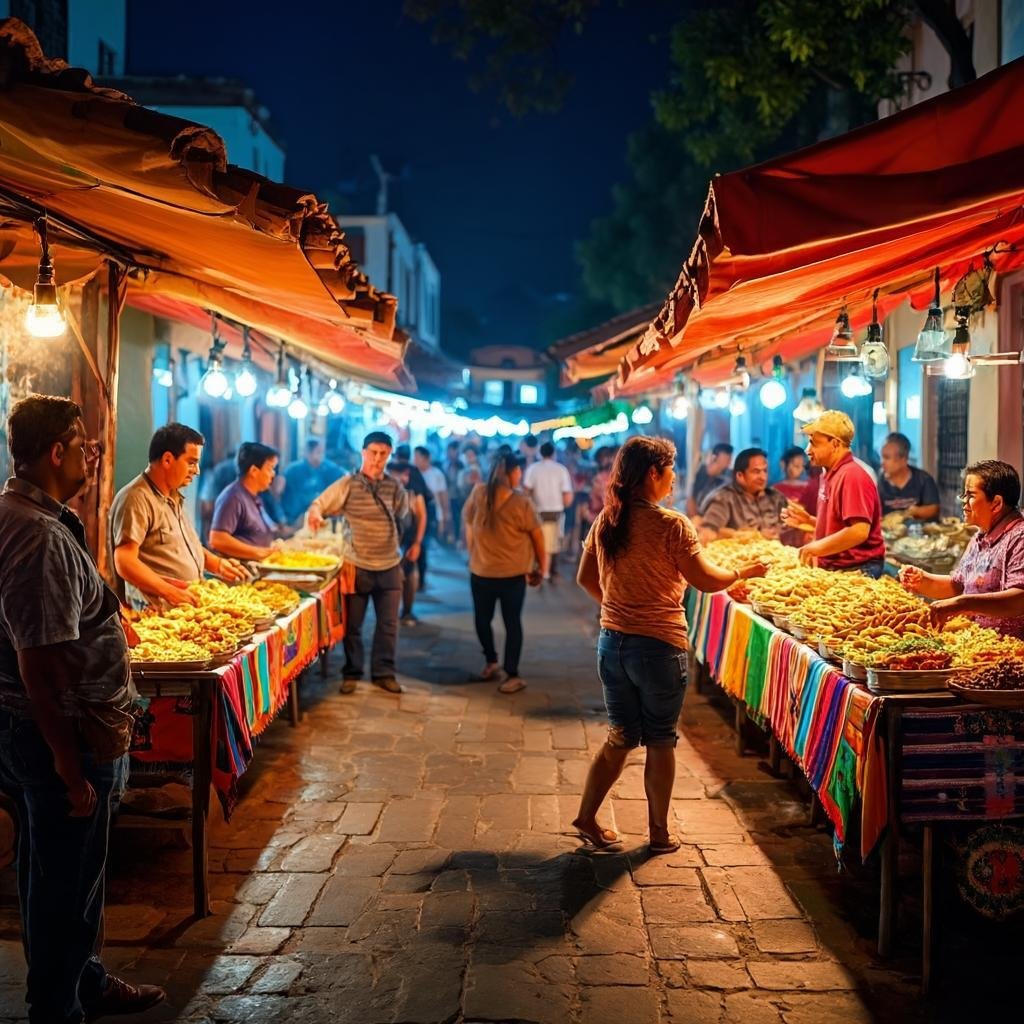 A lively night market in Oaxaca, Mexico, with colorful lights and vendors selling local delicacies.