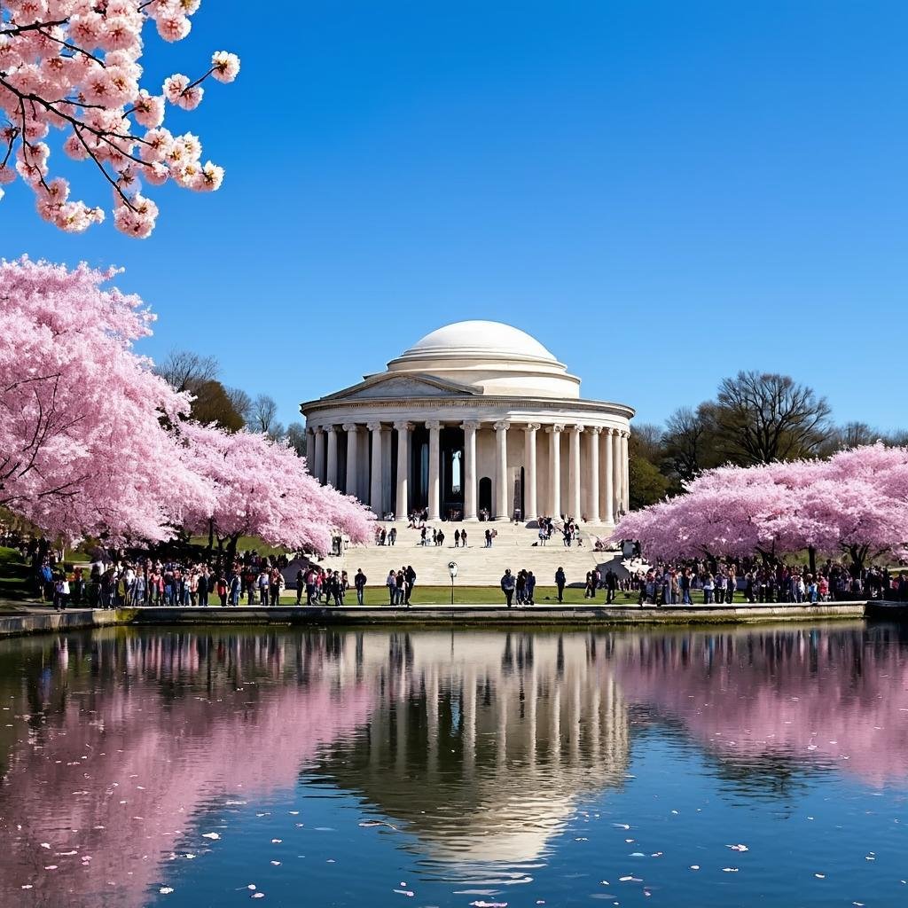 Washington DC tidal basin cherry blossoms with Jefferson Memorial
