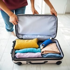 Traveler packing a suitcase efficiently with organized clothes and travel accessories