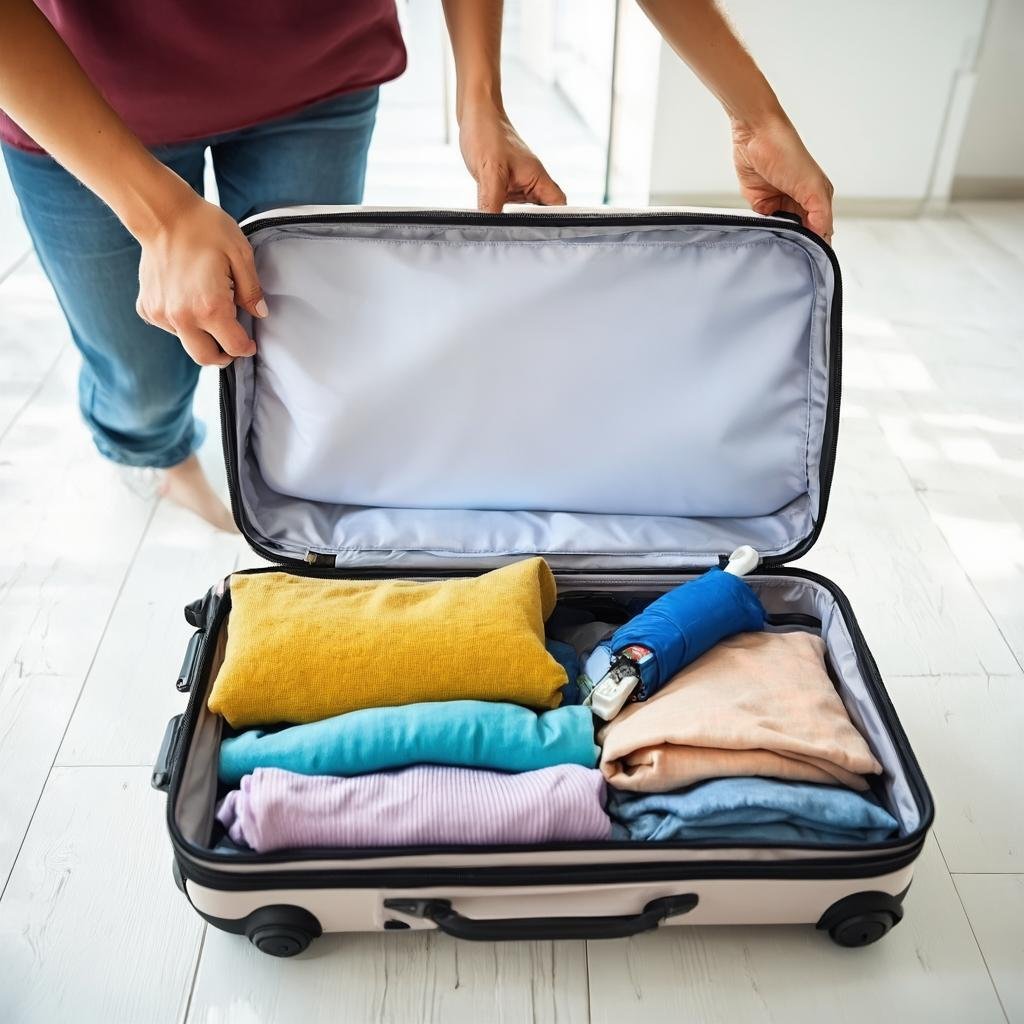 Traveler packing a suitcase efficiently with organized clothes and travel accessories