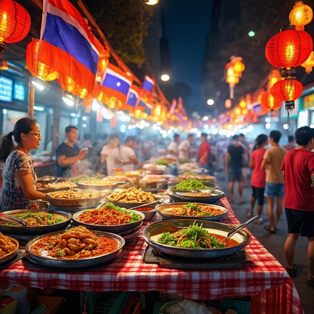 Vibrant Bangkok street food market with colorful Thai dishes, night market atmosphere, bustling crowd