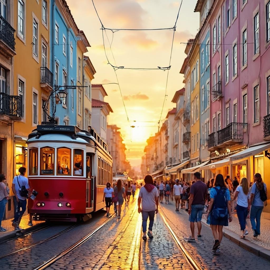 Colorful Lisbon street with historic buildings and trams at sunset