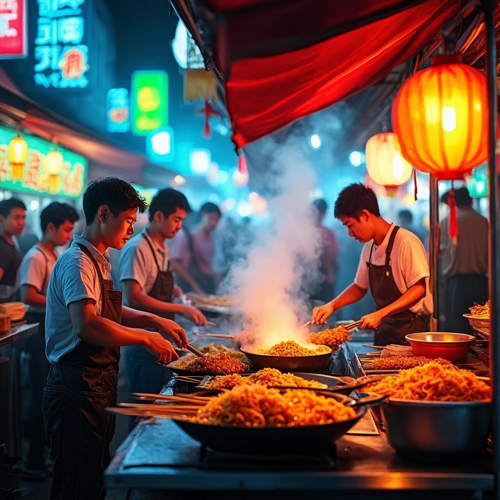 Vibrant Bangkok street food market at night with glowing food stalls