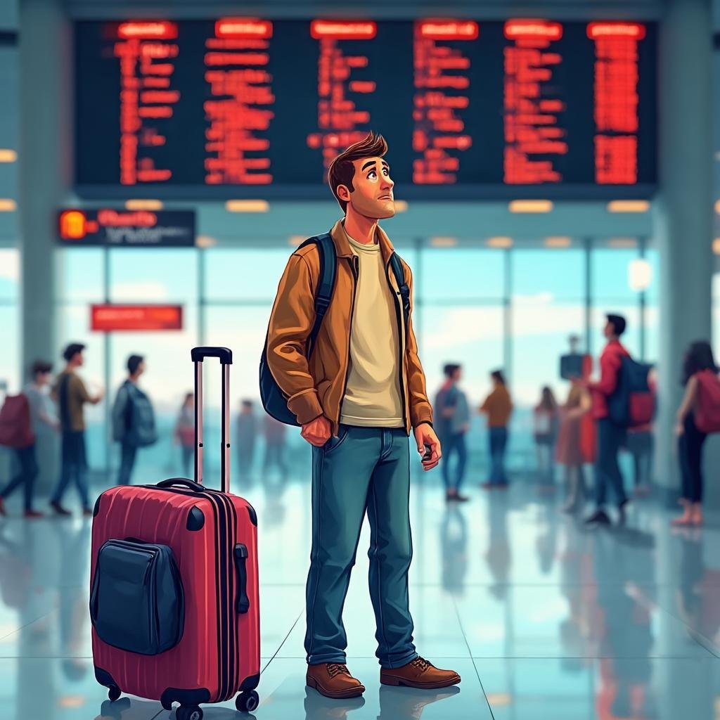 traveler at airport looking confused at flight schedule