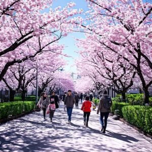 Cherry blossoms in Tokyo with pink petals falling