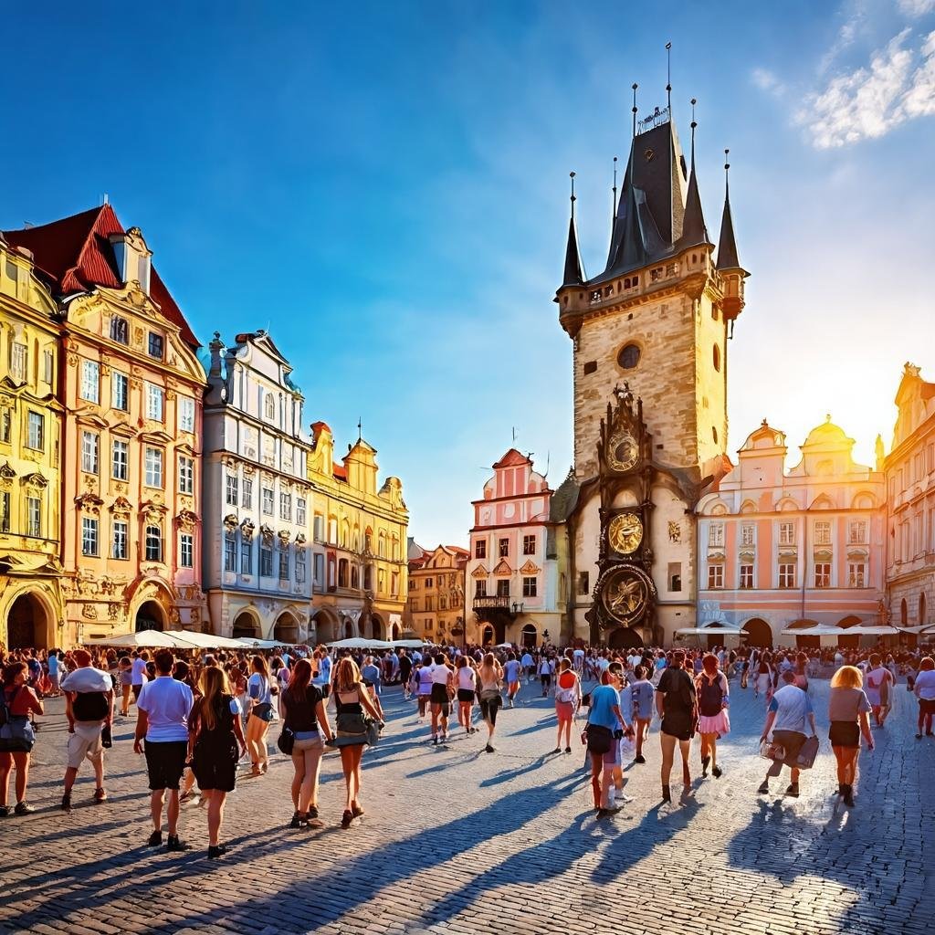 Beautiful view of Prague Old Town Square with colorful baroque buildings on a sunny summer day