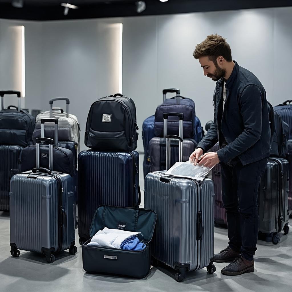 Airport packing area with organized carry-on bags and travel documents