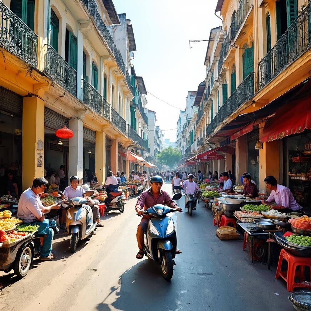 Ho Chi Minh City old quarter with French colonial architecture and street market