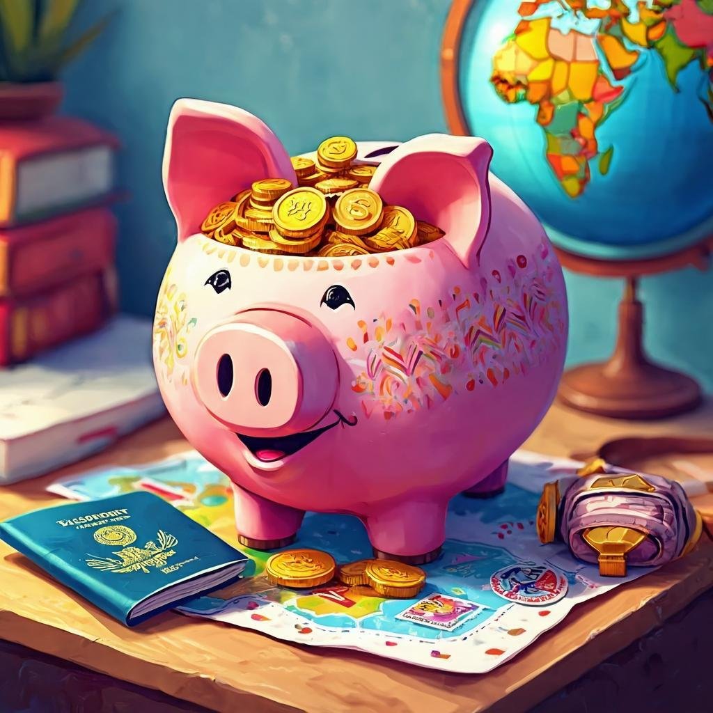 Piggy bank with passport and coins representing travel savings