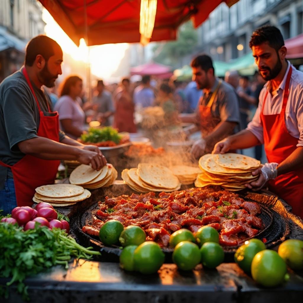 Colorful Mexican street food with tacos al pastor being sliced