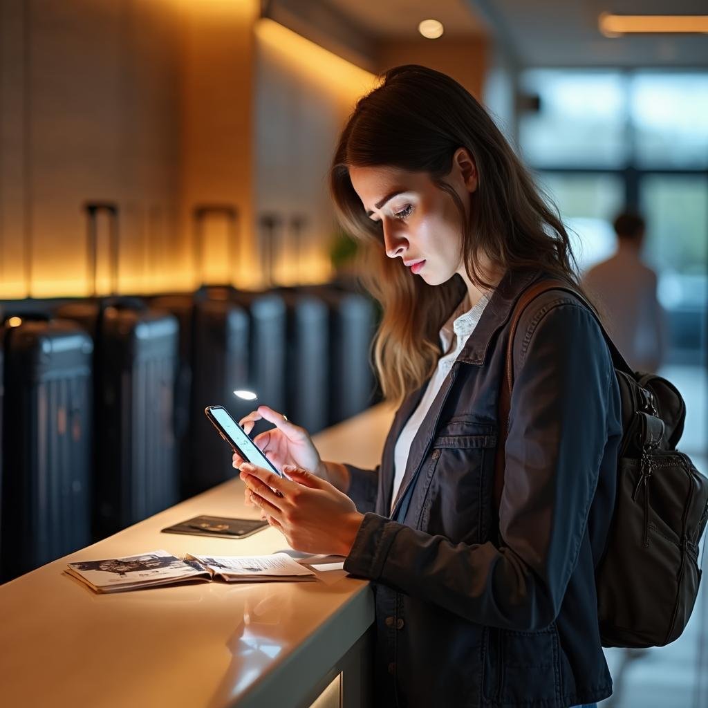 traveler checking phone and passport at hotel reception, frustrated expression