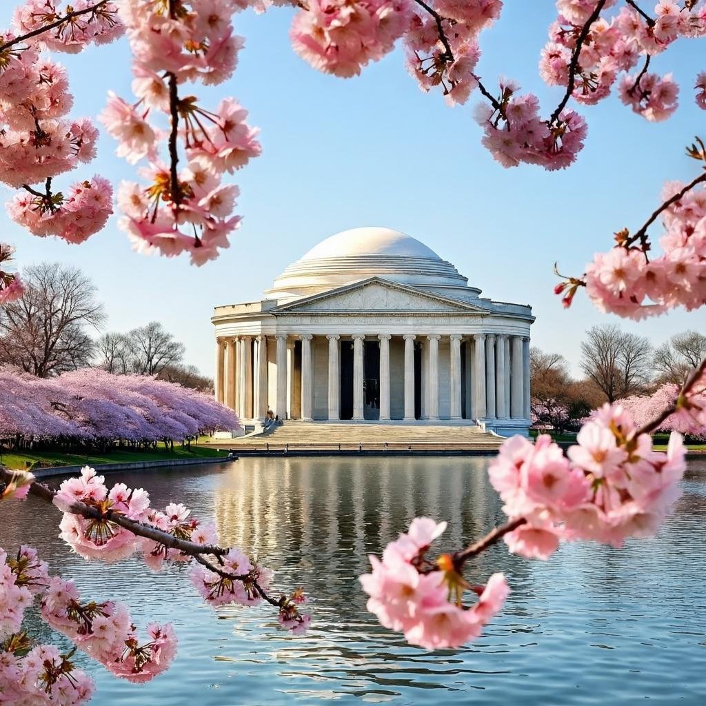 Washington DC Tidal Basin cherry blossoms with Jefferson Memorial