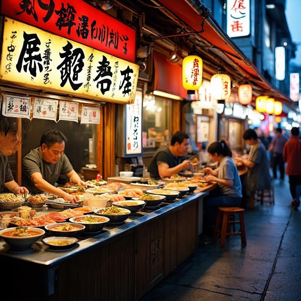 Tokyo street food scene with ramen stalls, sushi bars, izakaya signs, neon lights, authentic Japanese cuisine