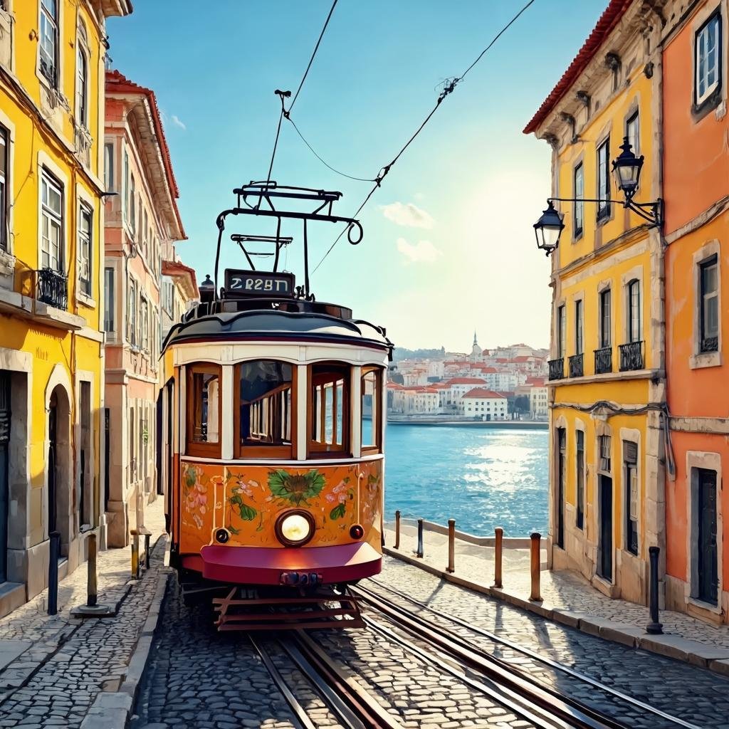 Yellow tram winding through narrow cobblestone streets in Lisbon with colorful buildings