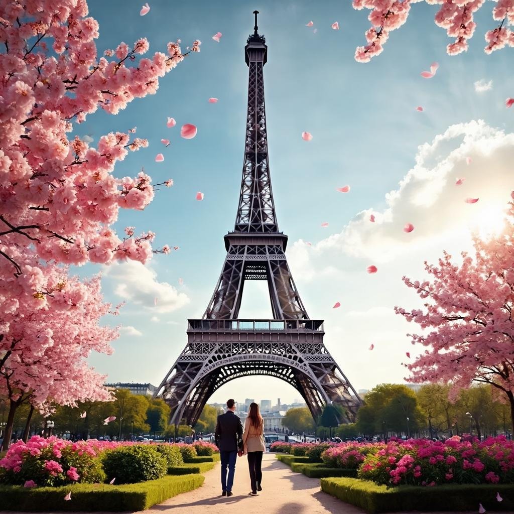 Paris cherry blossoms near Eiffel Tower in spring