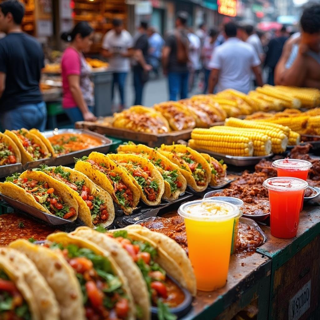 Mexico City street food market with colorful tacos, elote carts, fresh juices, traditional Mexican dishes, authentic local cuisine