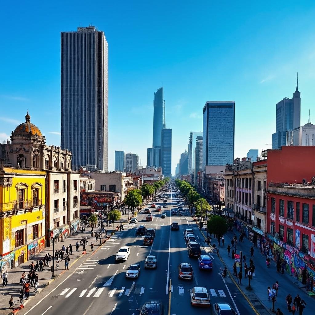 Mexico City skyline with modern buildings and historic landmarks