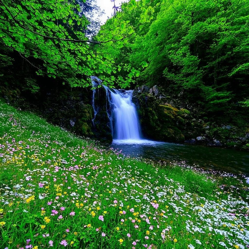 Spring waterfall in mountain valley with green trees and wildflowers